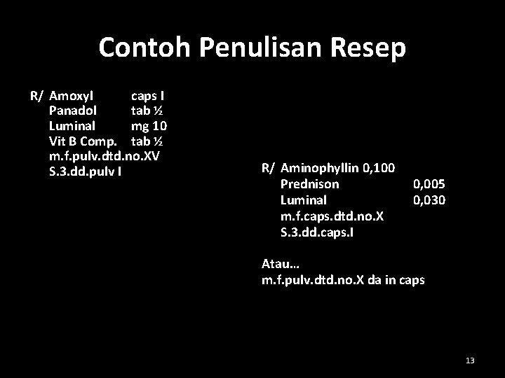 Contoh Penulisan Resep R/ Amoxyl caps I Panadol tab ½ Luminal mg 10 Vit