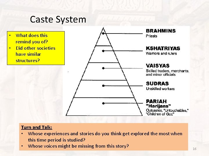 Caste System • What does this remind you of? • Did other societies have