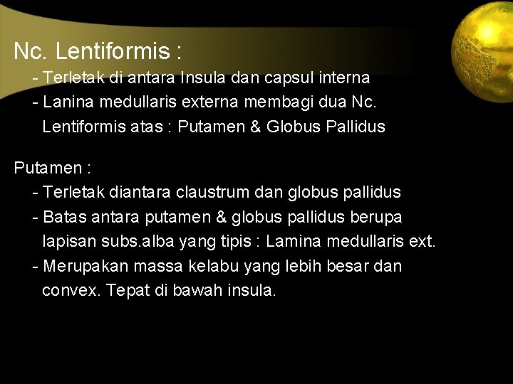 Nc. Lentiformis : - Terletak di antara Insula dan capsul interna - Lanina medullaris