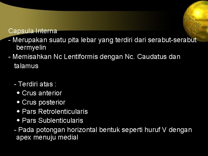 Capsula Interna - Merupakan suatu pita lebar yang terdiri dari serabut-serabut bermyelin - Memisahkan