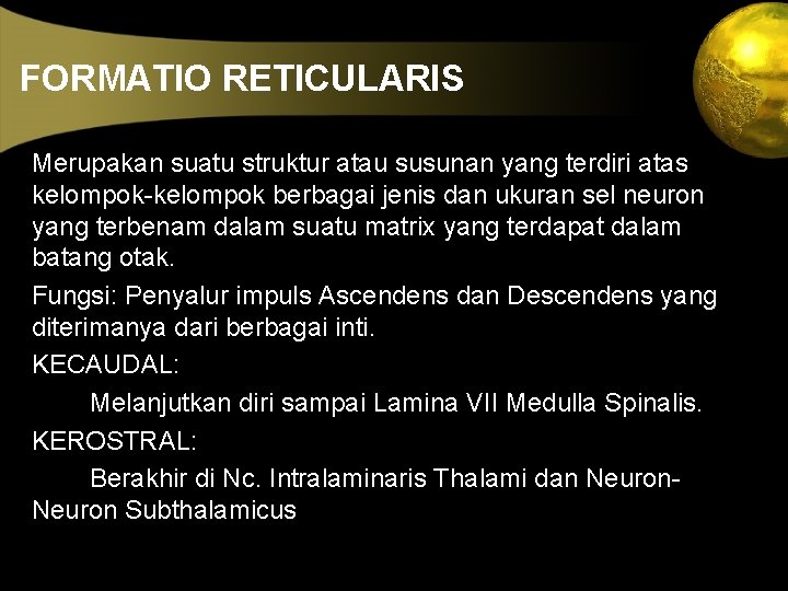 FORMATIO RETICULARIS Merupakan suatu struktur atau susunan yang terdiri atas kelompok-kelompok berbagai jenis dan