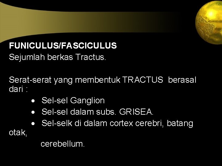 FUNICULUS/FASCICULUS Sejumlah berkas Tractus. Serat-serat yang membentuk TRACTUS berasal dari : · Sel-sel Ganglion