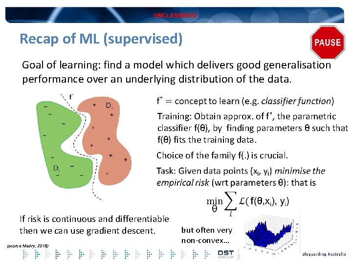 UNCLASSIFIED Recap of ML (supervised) Goal of learning: find a model which delivers good