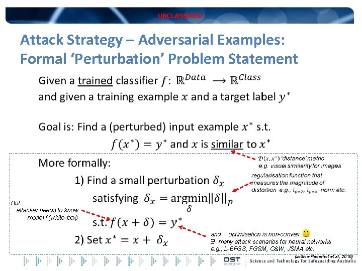 UNCLASSIFIED Attack Strategy – Adversarial Examples: Formal ‘Perturbation’ Problem Statement But… attacker needs to