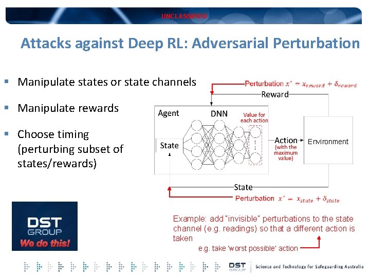 UNCLASSIFIED Attacks against Deep RL: Adversarial Perturbation § Manipulate states or state channels §