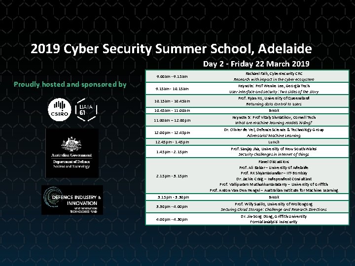 2019 Cyber Security Summer School, Adelaide Day 2 - Friday 22 March 2019 Proudly