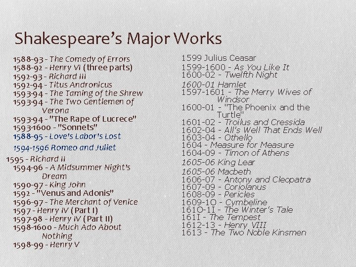 Shakespeare’s Major Works 1588 -93 - The Comedy of Errors 1588 -92 - Henry