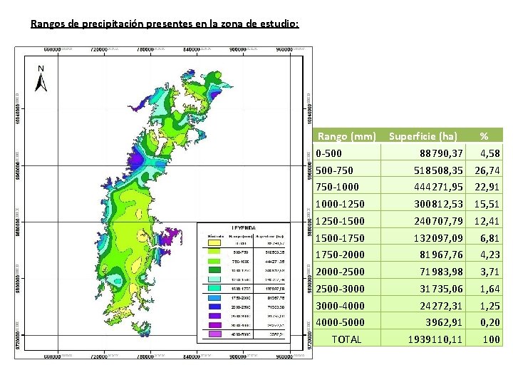 Rangos de precipitación presentes en la zona de estudio: Rango (mm) 0 -500 500