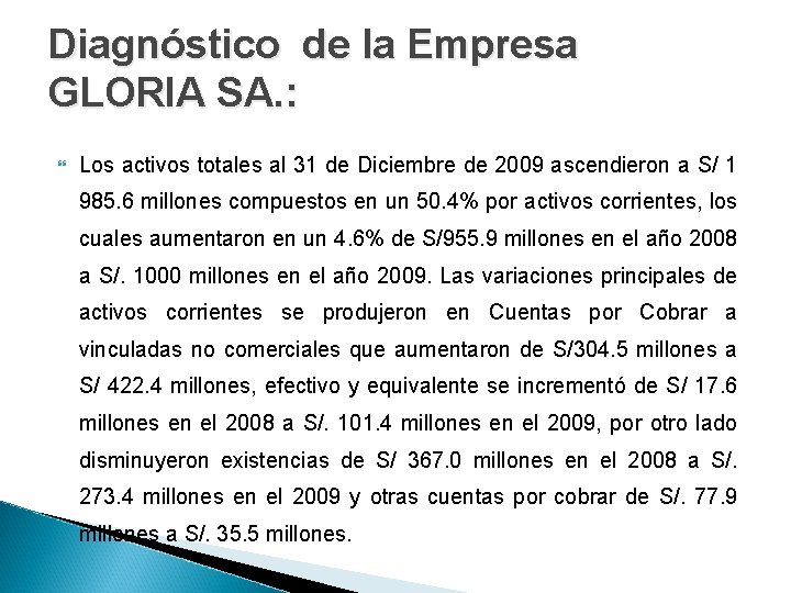 Diagnóstico de la Empresa GLORIA SA. : Los activos totales al 31 de Diciembre