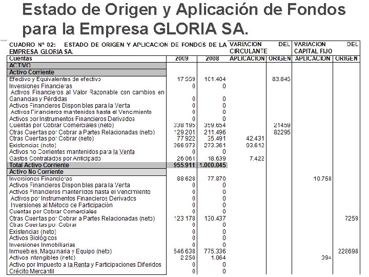 Estado de Origen y Aplicación de Fondos para la Empresa GLORIA SA. 