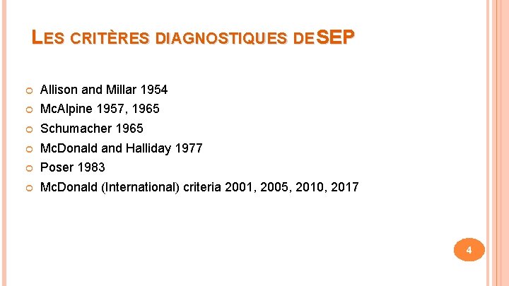 LES CRITÈRES DIAGNOSTIQUES DE SEP Allison and Millar 1954 Mc. Alpine 1957, 1965 Schumacher