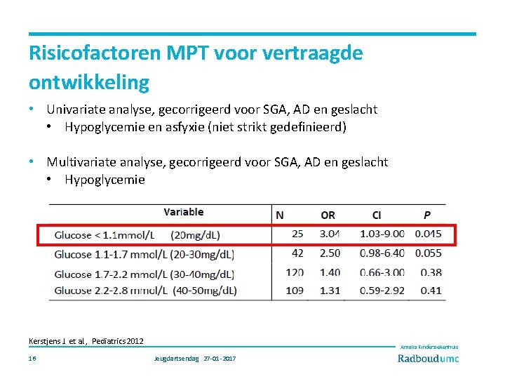 Risicofactoren MPT voor vertraagde ontwikkeling • Univariate analyse, gecorrigeerd voor SGA, AD en geslacht