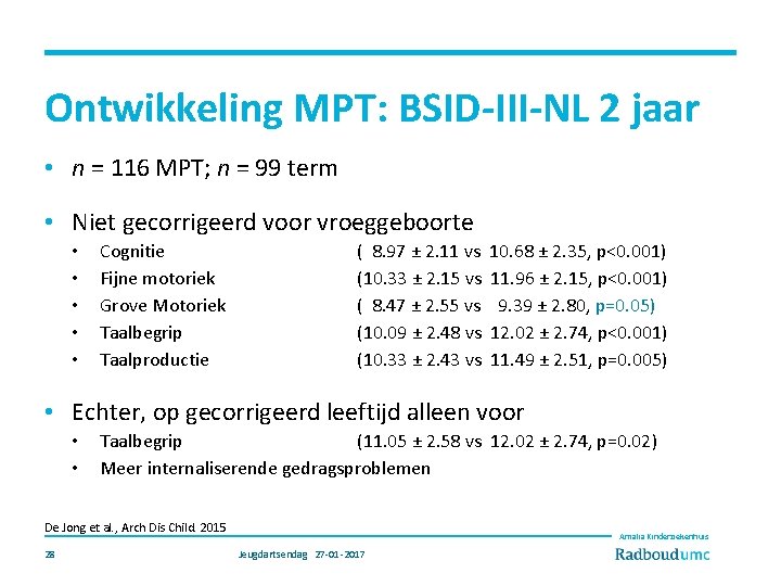 Ontwikkeling MPT: BSID-III-NL 2 jaar • n = 116 MPT; n = 99 term