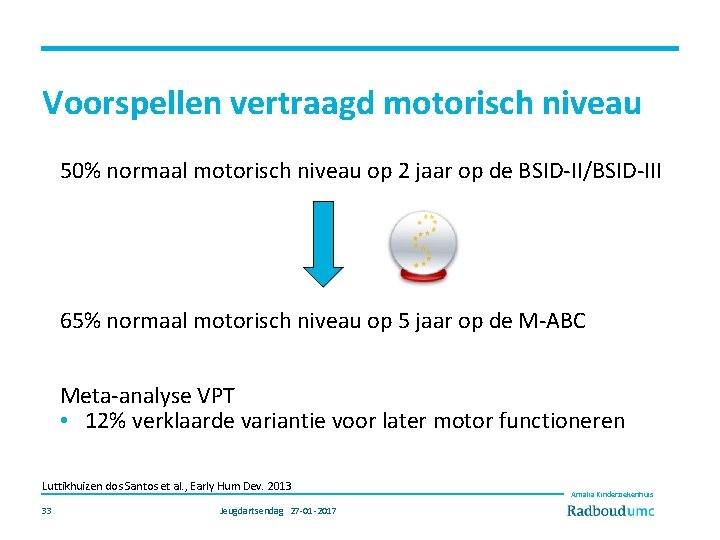 Voorspellen vertraagd motorisch niveau 50% normaal motorisch niveau op 2 jaar op de BSID-II/BSID-III