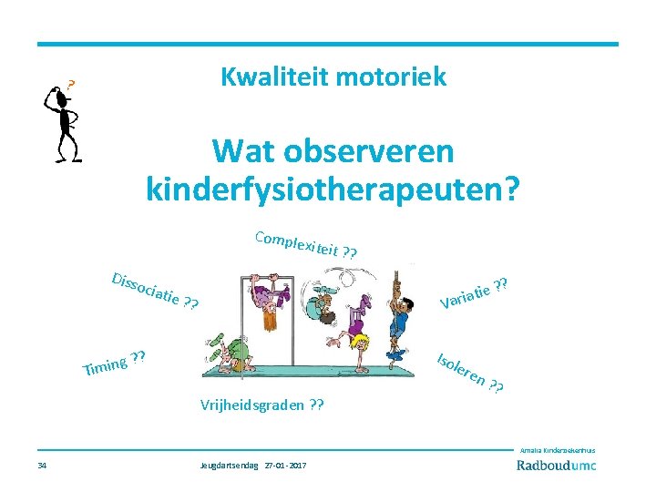 Kwaliteit motoriek Wat observeren kinderfysiotherapeuten? Comple xiteit ? ? Diss ocia tie ? g