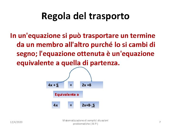 Regola del trasporto In un'equazione si può trasportare un termine da un membro all'altro