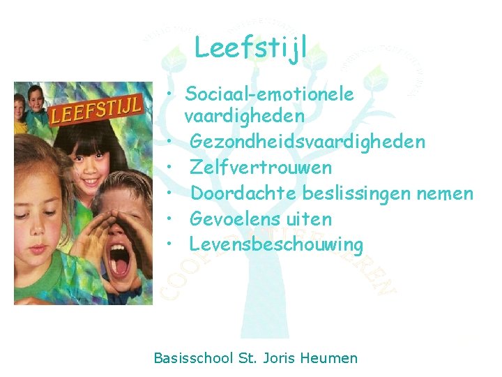 Leefstijl • Sociaal-emotionele vaardigheden • Gezondheidsvaardigheden • Zelfvertrouwen • Doordachte beslissingen nemen • Gevoelens