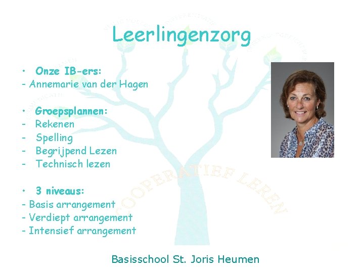Leerlingenzorg • Onze IB-ers: - Annemarie van der Hagen • - Groepsplannen: Rekenen Spelling
