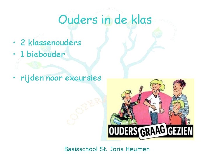 Ouders in de klas • 2 klassenouders • 1 biebouder • rijden naar excursies