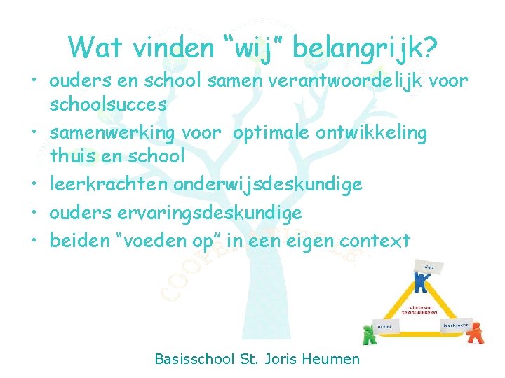 Wat vinden “wij” belangrijk? • ouders en school samen verantwoordelijk voor schoolsucces • samenwerking