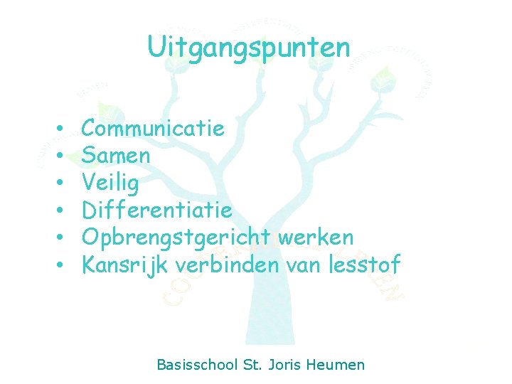 Uitgangspunten • • • Communicatie Samen Veilig Differentiatie Opbrengstgericht werken Kansrijk verbinden van lesstof