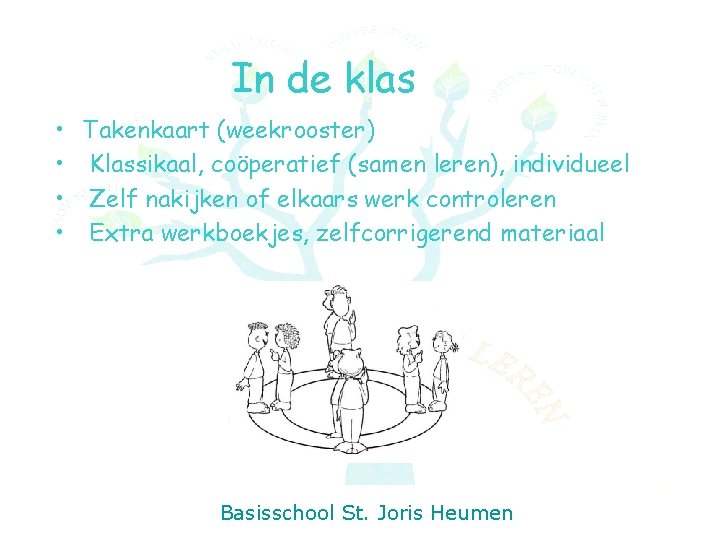 In de klas • Takenkaart (weekrooster) • Klassikaal, coöperatief (samen leren), individueel • Zelf
