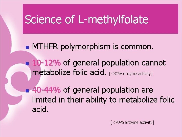 Science of L-methylfolate n n n MTHFR polymorphism is common. 10 -12% of general