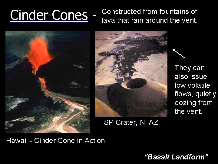 Cinder Cones - Constructed from fountains of lava that rain around the vent. They