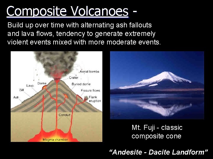 Composite Volcanoes Build up over time with alternating ash fallouts and lava flows, tendency