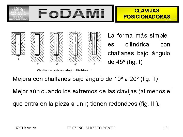 CLAVIJAS POSICIONADORAS La forma más simple es cilíndrica con chaflanes bajo ángulo de 45º