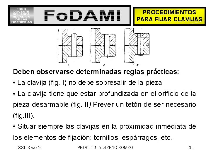 PROCEDIMIENTOS PARA FIJAR CLAVIJAS Deben observarse determinadas reglas prácticas: • La clavija (fig. I)