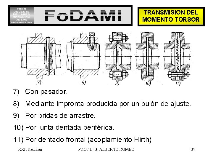 TRANSMISION DEL MOMENTO TORSOR 7) Con pasador. 8) Mediante impronta producida por un bulón