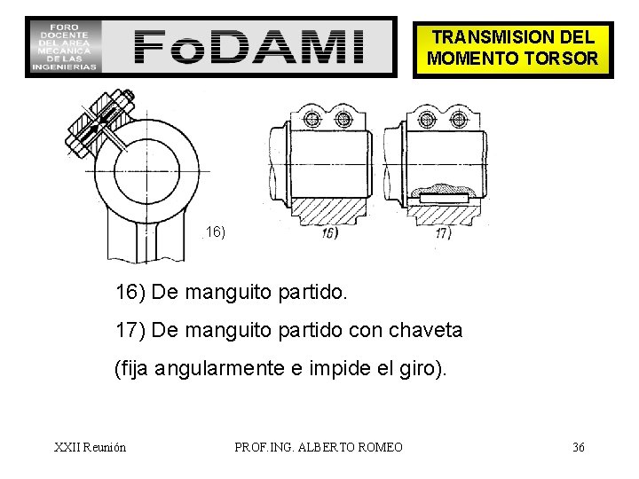 TRANSMISION DEL MOMENTO TORSOR 16) De manguito partido. 17) De manguito partido con chaveta