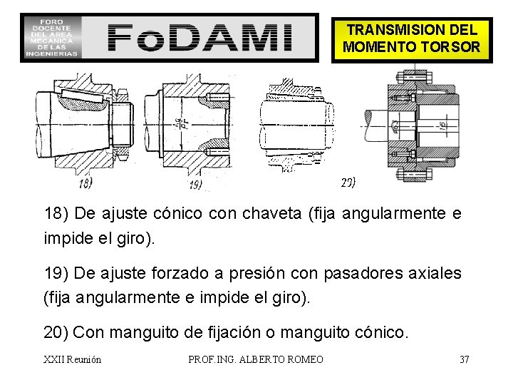 TRANSMISION DEL MOMENTO TORSOR 18) De ajuste cónico con chaveta (fija angularmente e impide