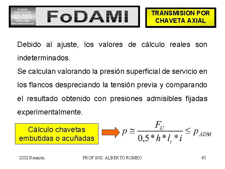 TRANSMISION POR CHAVETA AXIAL Debido al ajuste, los valores de cálculo reales son indeterminados.