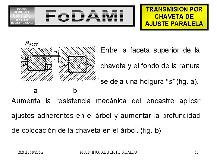 TRANSMISION POR CHAVETA DE AJUSTE PARALELA Entre la faceta superior de la chaveta y