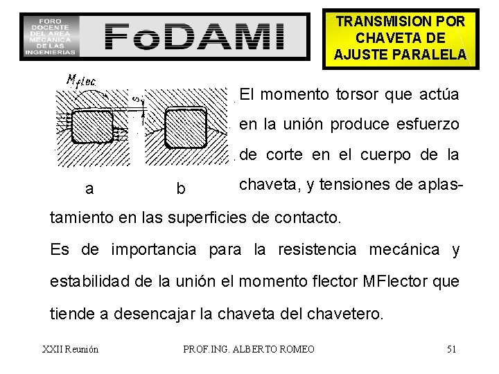 TRANSMISION POR CHAVETA DE AJUSTE PARALELA El momento torsor que actúa en la unión