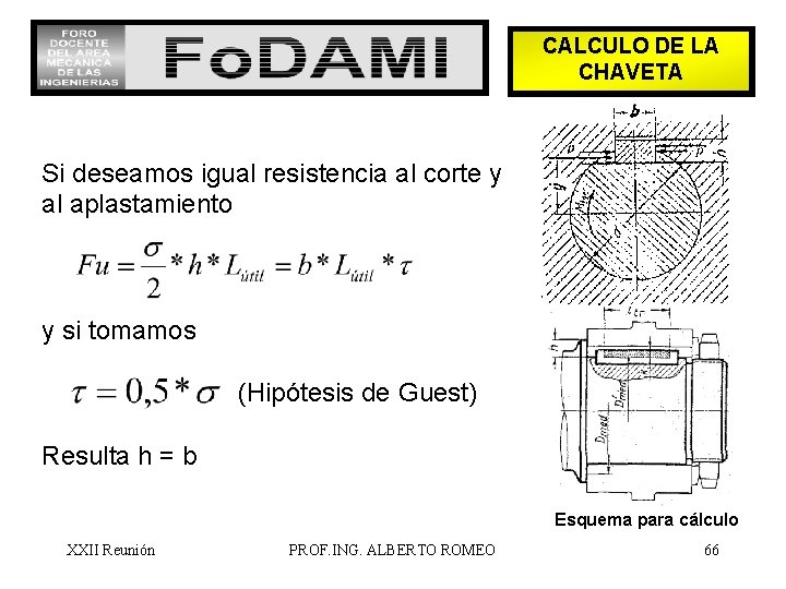 CALCULO DE LA CHAVETA Si deseamos igual resistencia al corte y al aplastamiento y