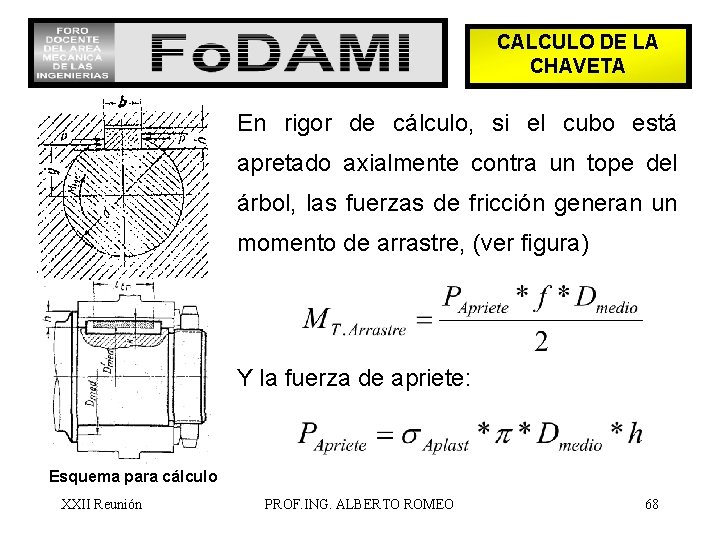 CALCULO DE LA CHAVETA En rigor de cálculo, si el cubo está apretado axialmente