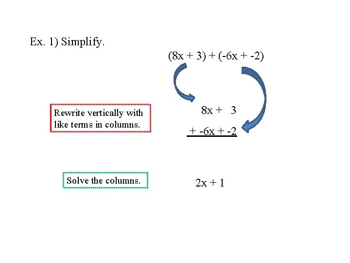 Ex. 1) Simplify. (8 x + 3) + (-6 x + -2) Rewrite vertically