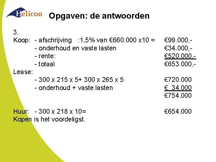 Opgaven: de antwoorden 3. Koop: - afschrijving : 1, 5% van € 660. 000 Opgaven: de antwoorden 3. Koop: - afschrijving : 1, 5% van € 660. 000