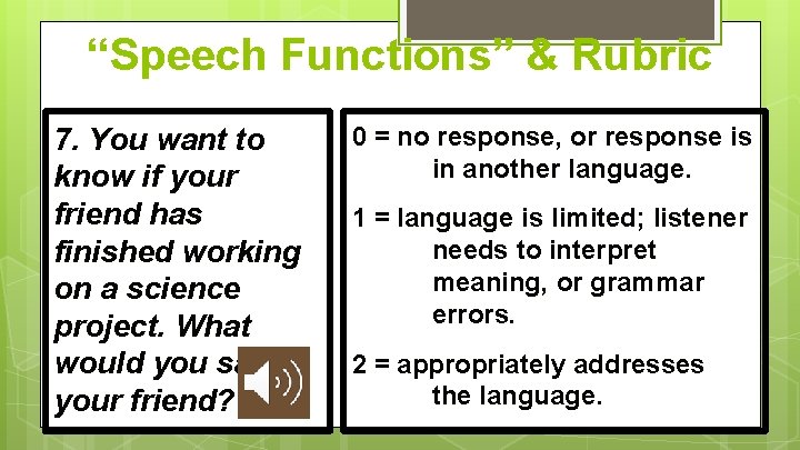 “Speech Functions” & Rubric 7. You want to know if your friend has finished