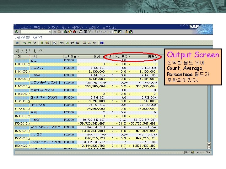 Output Screen 선택한 필드 외에 Count, Average, Percentage 필드가 포함되어있다. 