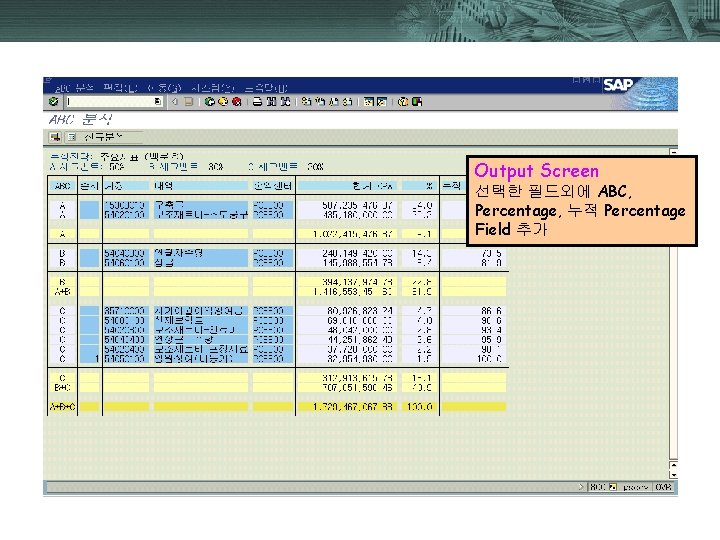 Output Screen 선택한 필드외에 ABC, Percentage, 누적 Percentage Field 추가 