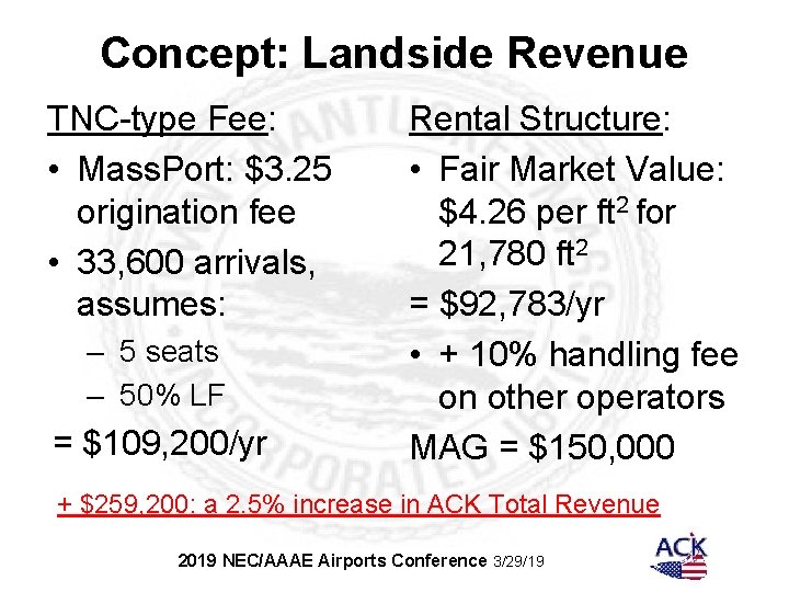 Concept: Landside Revenue TNC-type Fee: • Mass. Port: $3. 25 origination fee • 33,