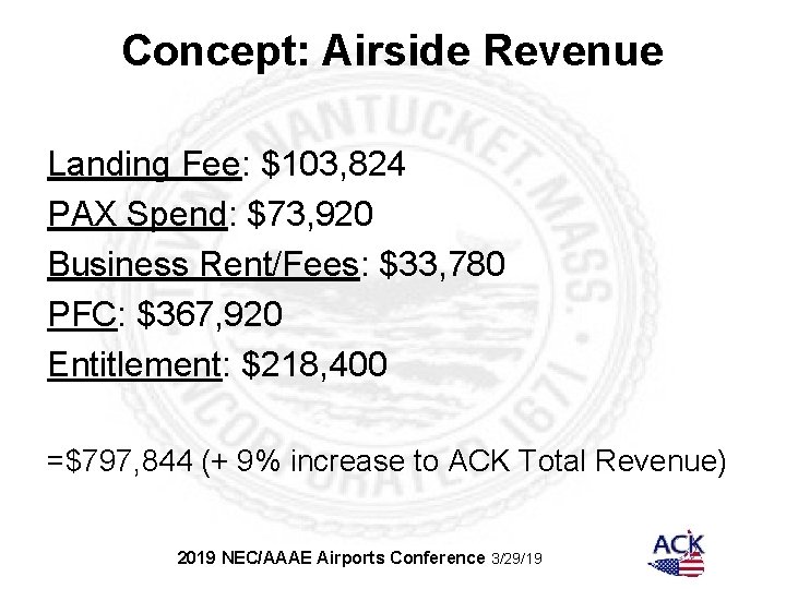 Concept: Airside Revenue Landing Fee: $103, 824 PAX Spend: $73, 920 Business Rent/Fees: $33,