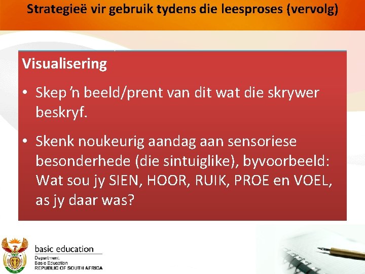Strategieë vir gebruik tydens die leesproses (vervolg) Visualisering • Skep ʼn beeld/prent van dit Strategieë vir gebruik tydens die leesproses (vervolg) Visualisering • Skep ʼn beeld/prent van dit