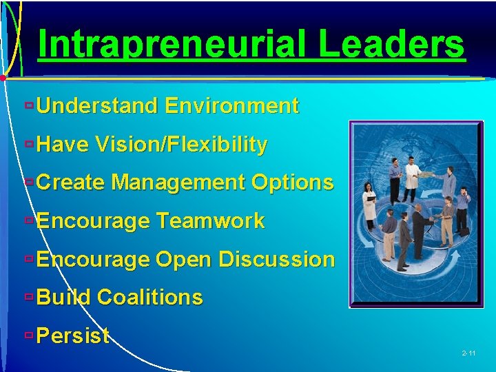 Intrapreneurial Leaders ù Understand Environment ù Have Vision/Flexibility ù Create Management Options ù Encourage