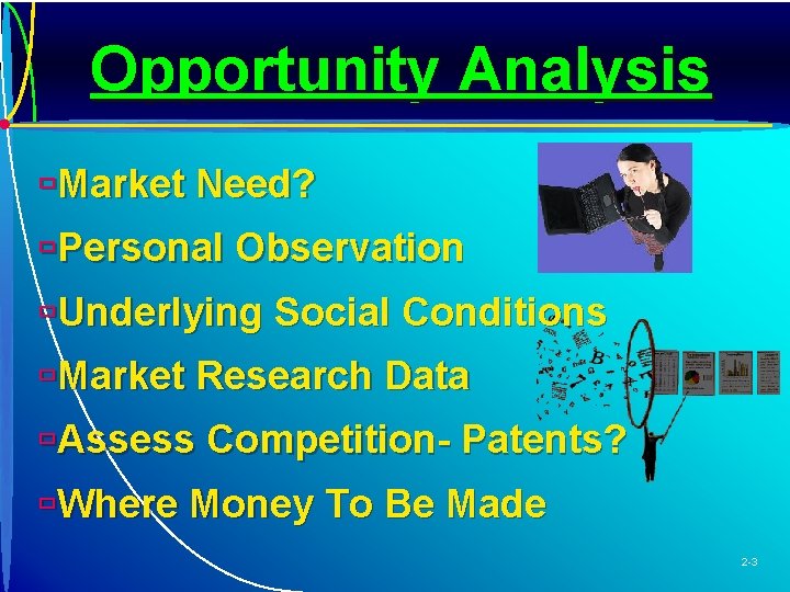 Opportunity Analysis ùMarket Need? ùPersonal Observation ùUnderlying Social Conditions ùMarket Research Data ùAssess Competition-