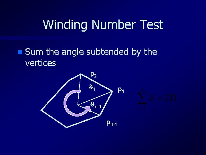 Winding Number Test n Sum the angle subtended by the vertices p 2 1